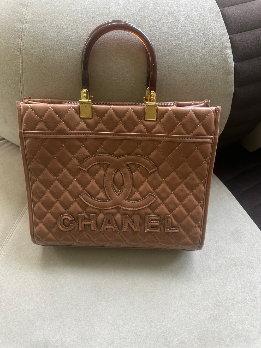 Quilted Brown Top-Handle Tote with Gold Hardware